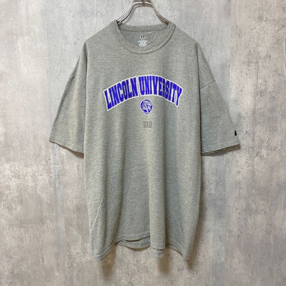 古着 used　RUSSELL　ラッセル　リンカーン大学　半袖カレッジロゴプリントTシャツ　グレー　レトロデザイン　XLサイズ
