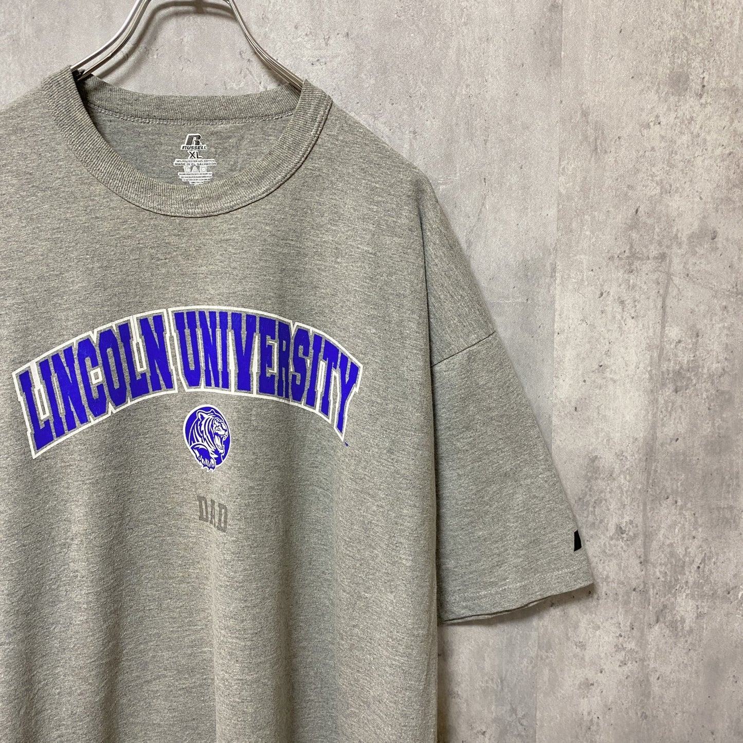 古着 used　RUSSELL　ラッセル　リンカーン大学　半袖カレッジロゴプリントTシャツ　グレー　レトロデザイン　XLサイズ