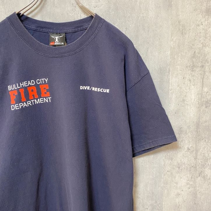古着 used　BEEFY　FIRE　RESCUE　半袖プリントTシャツ　バックプリント　ネイビー　紺　レトロデザイン　Lサイズ