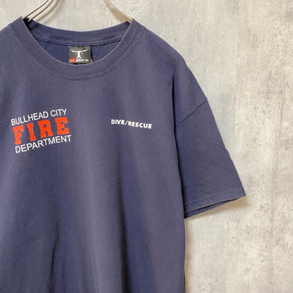 古着 used　BEEFY　FIRE　RESCUE　半袖プリントTシャツ　バックプリント　ネイビー　紺　レトロデザイン　Lサイズ