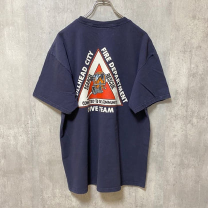 古着 used　BEEFY　FIRE　RESCUE　半袖プリントTシャツ　バックプリント　ネイビー　紺　レトロデザイン　Lサイズ