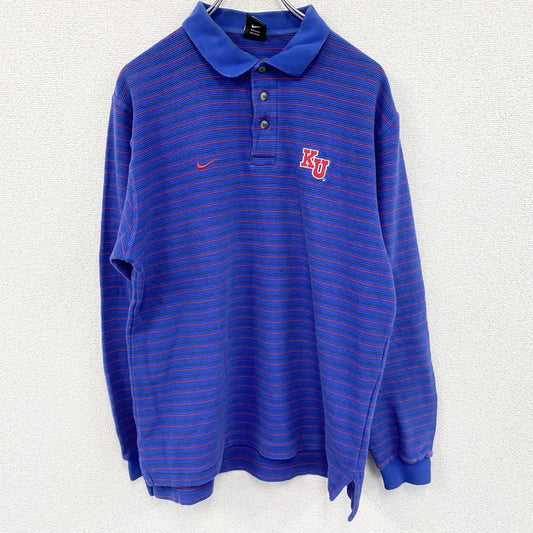 90s　NIKE　ナイキ　長袖ポロシャツ　ヴィンテージ　ボーダー柄　刺繡ロゴ　青　ブルー　Sサイズ