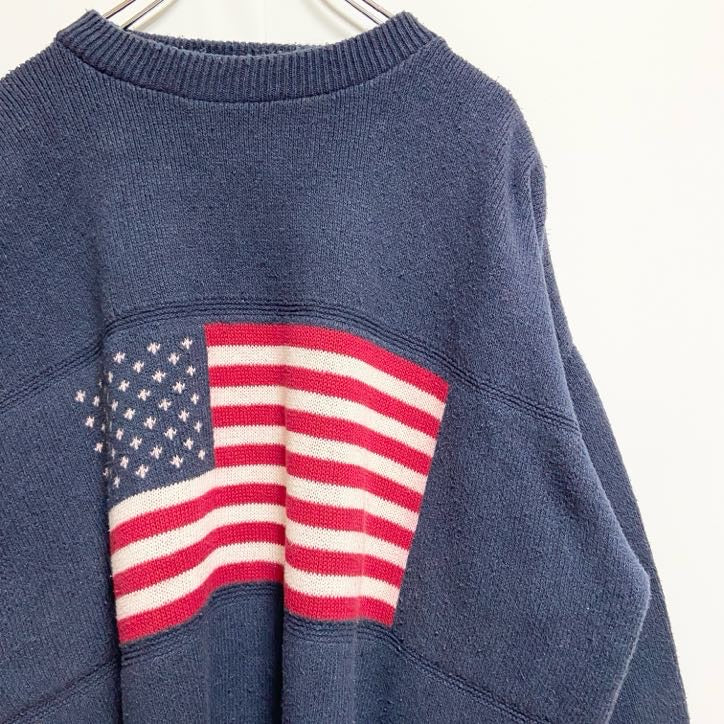 古着 used　STARSANDSTRIPES　USA製　長袖クルーネックニット　セーター　アメリカ国旗　ネイビー　XXLサイズ