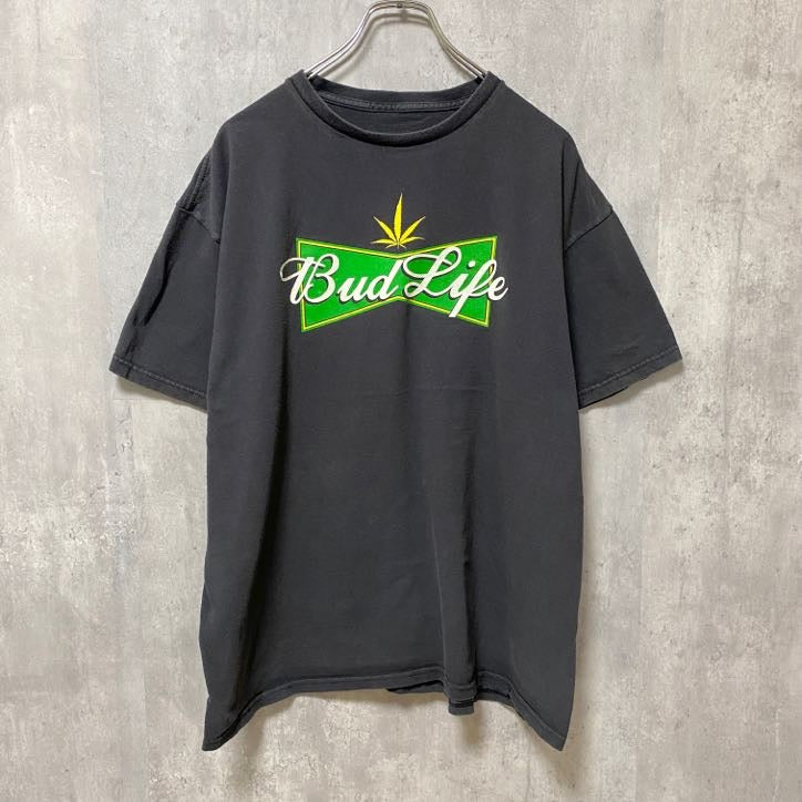 古着 used　半袖パロディープリントTシャツ　バドワイザー　黒　ブラック　レトロデザイン　個性的　クルーネック　Lサイズ
