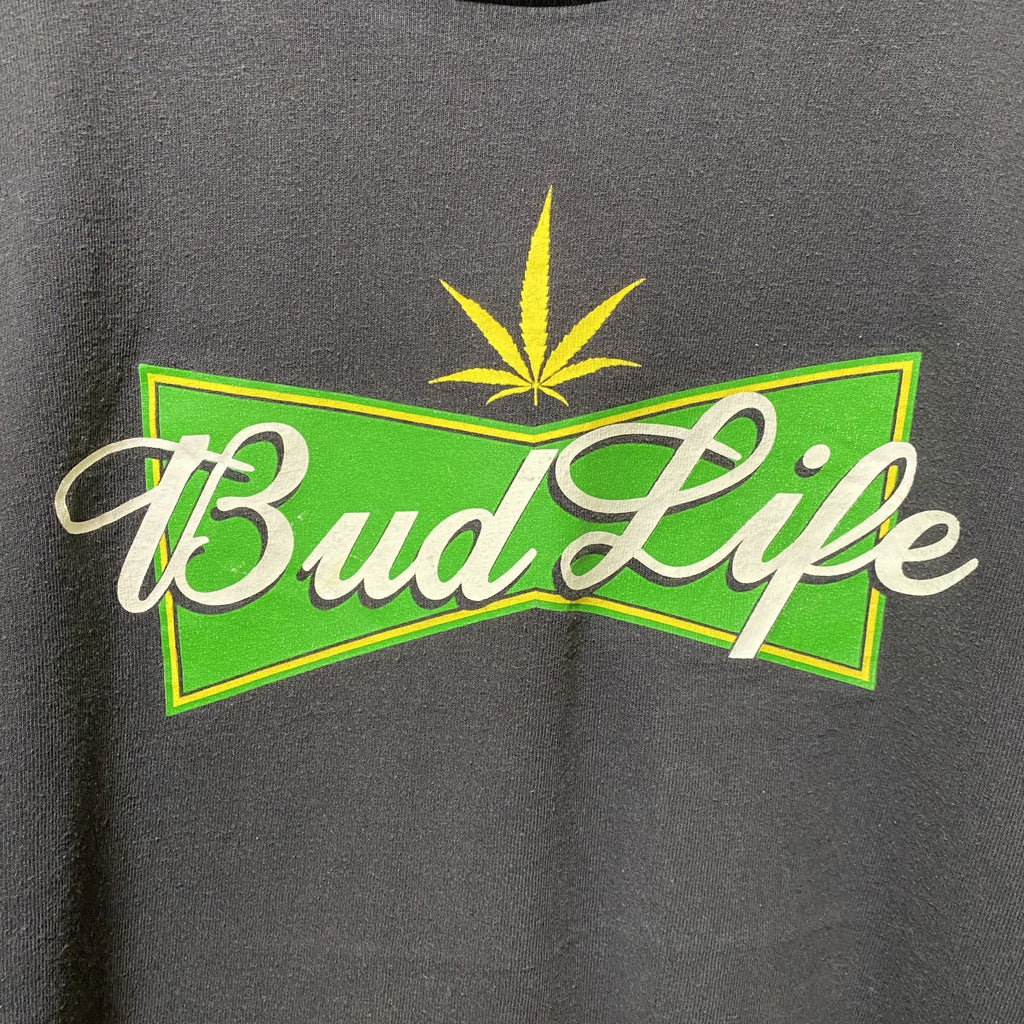 古着 used　半袖パロディープリントTシャツ　バドワイザー　黒　ブラック　レトロデザイン　個性的　クルーネック　Lサイズ