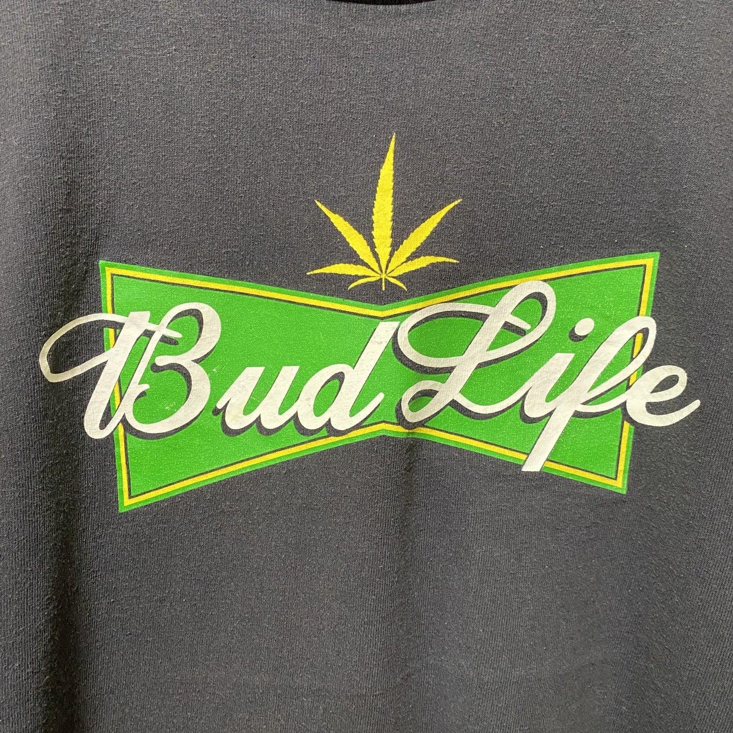 古着 used　半袖パロディープリントTシャツ　バドワイザー　黒　ブラック　レトロデザイン　個性的　クルーネック　Lサイズ