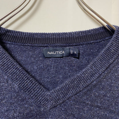 古着 used　NAUTICA　ノーティカ　長袖ワンポイントロゴ刺繍ニット　Vネックセーター　ネイビー　紺　ノームコア　XLサイズ
