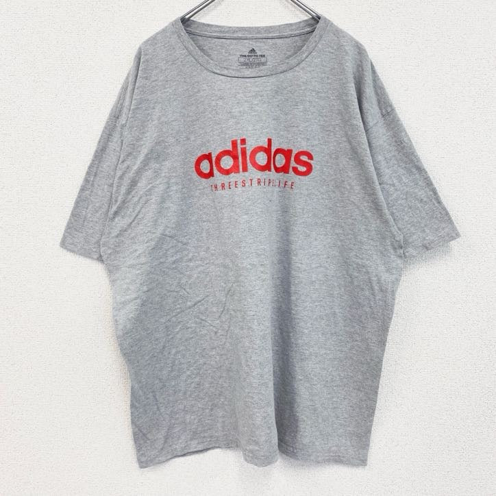 古着 used　adidas　アディダス　半袖プリントTシャツ　スリーストライプ　クルーネック　グレー　XＸLサイズ
