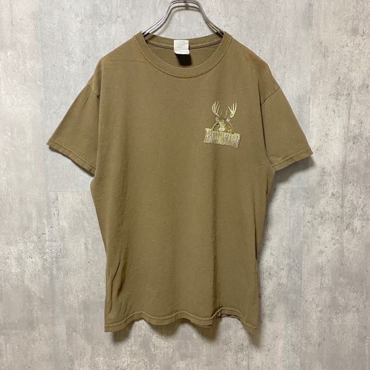 古着 used　GILDAN ギルダン　半袖アニマル柄プリントTシャツ　バックプリント　茶色　ブラウン　鹿　レトロデザイン　