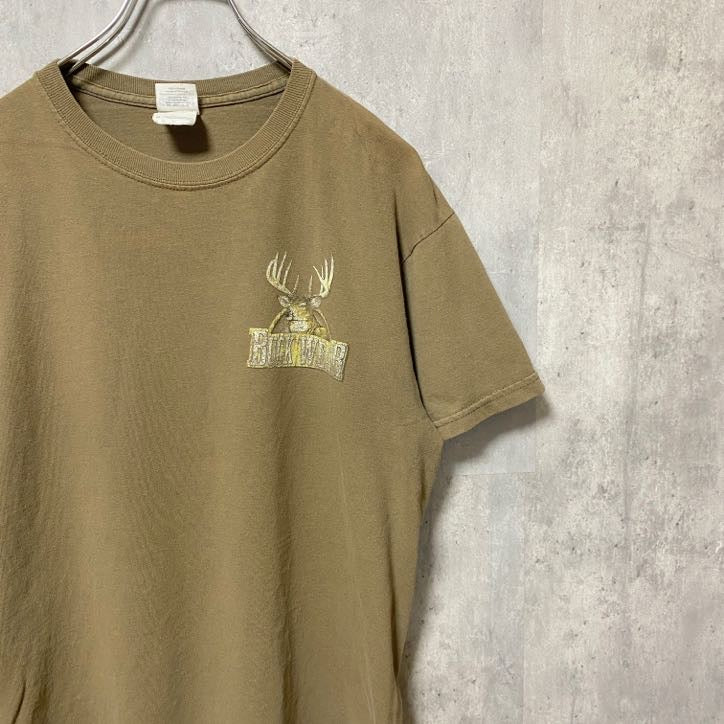 古着 used　GILDAN ギルダン　半袖アニマル柄プリントTシャツ　バックプリント　茶色　ブラウン　鹿　レトロデザイン　