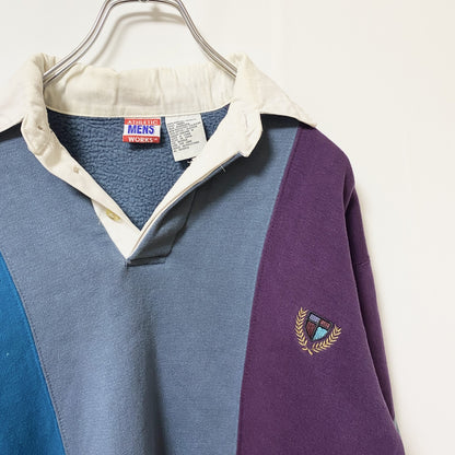 古着 used　90s　長袖ラガーシャツ　ポロシャツ　ポイントロゴ刺繍　レトロデザイン　紫　グレー　青　ヴィンテージ　Mサイズ