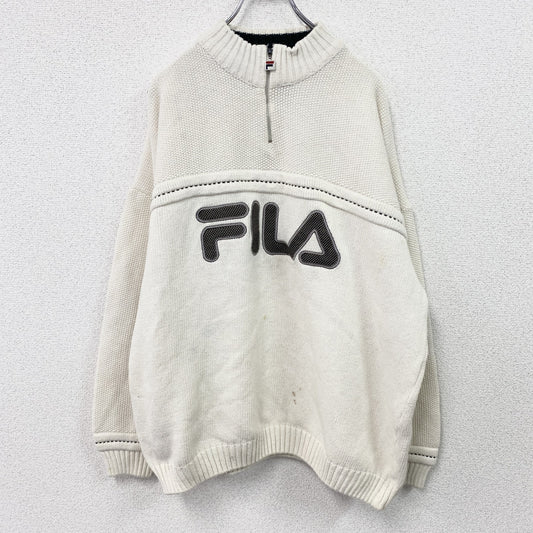 FILA　フィラ　ハーフジップコットンニットセーター　デカロゴ　ワッペン　スポーツミックス　ストリート　白　ホワイト　XLサイズ