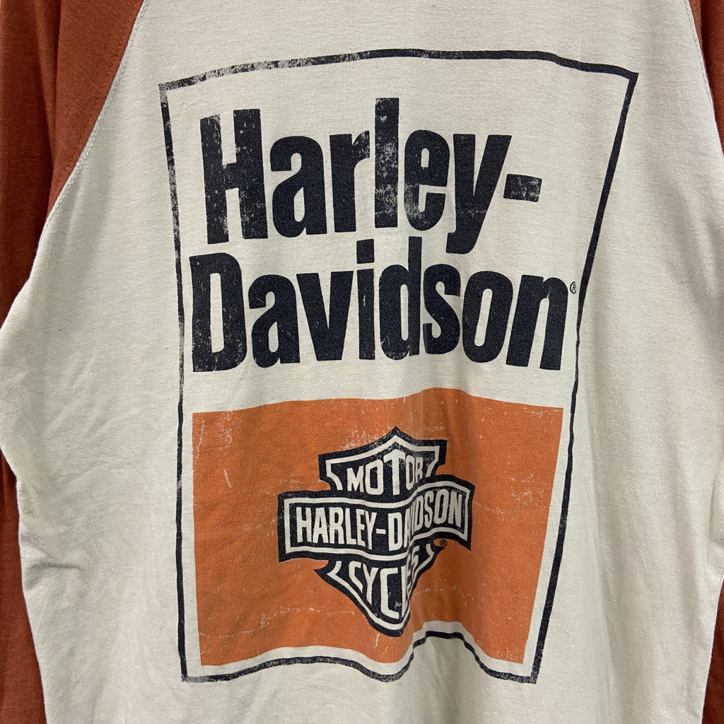 HARLEY DAVIDSON　ハーレーダビッドソン　長袖プリントTシャツ　オレンジ　ベージュ　Lサイズ