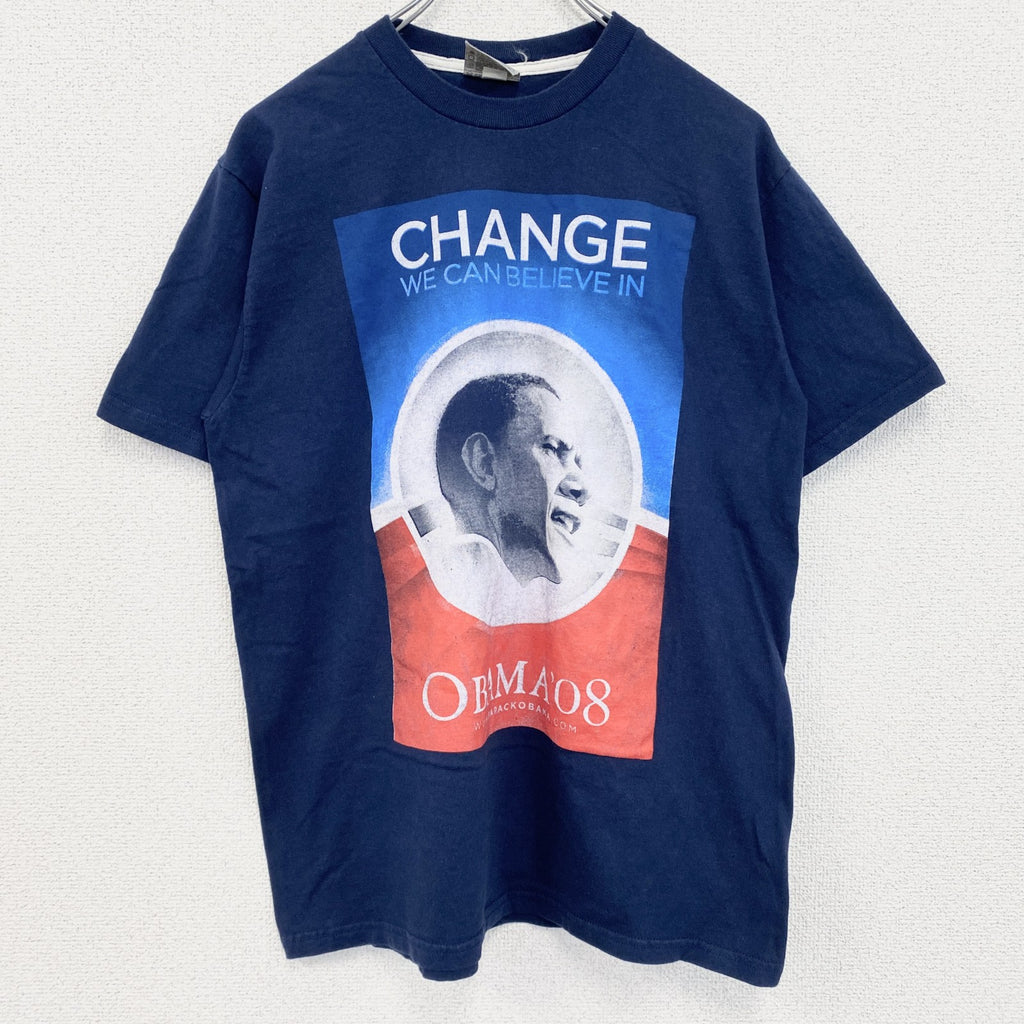古着 used　半袖人物プリントTシャツ　OBAMA　オバマ大統領　両面プリント　クルーネック　ネイビー　紺　Mサイズ