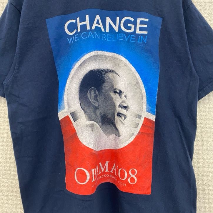 古着 used　半袖人物プリントTシャツ　OBAMA　オバマ大統領　両面プリント　クルーネック　ネイビー　紺　Mサイズ