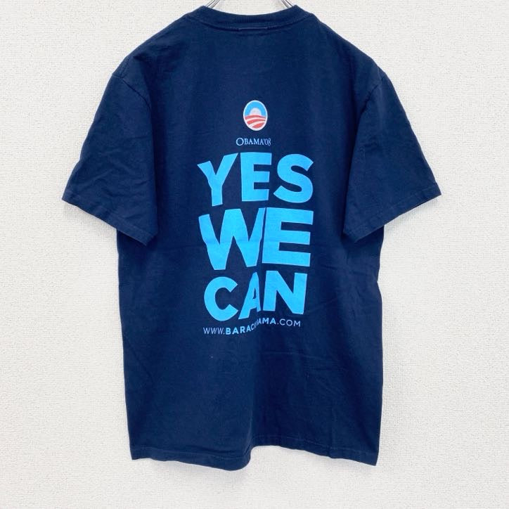 古着 used　半袖人物プリントTシャツ　OBAMA　オバマ大統領　両面プリント　クルーネック　ネイビー　紺　Mサイズ