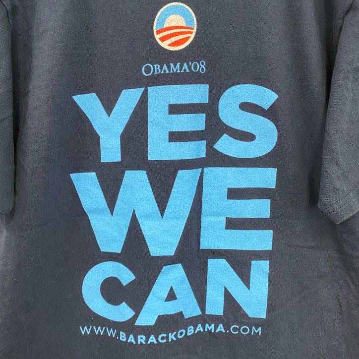 古着 used　半袖人物プリントTシャツ　OBAMA　オバマ大統領　両面プリント　クルーネック　ネイビー　紺　Mサイズ
