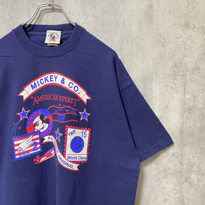 古着 used　90s　MICKEY＆CO　Disney　ディズニー　ミッキー　半袖プリントTシャツ　ネイビー　紺　オーバーサイズ