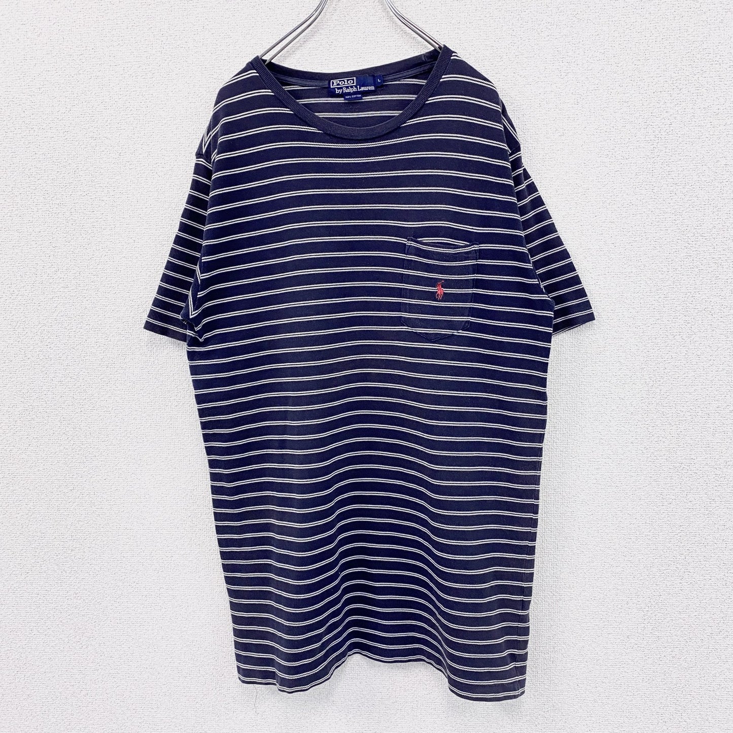 90s　Polo by Ralph Lauren　ラルフローレン　半袖ボーダー柄Tシャツ　刺繡ロゴ　ヴィンテージ　ネイビー　紺　Lサイズ