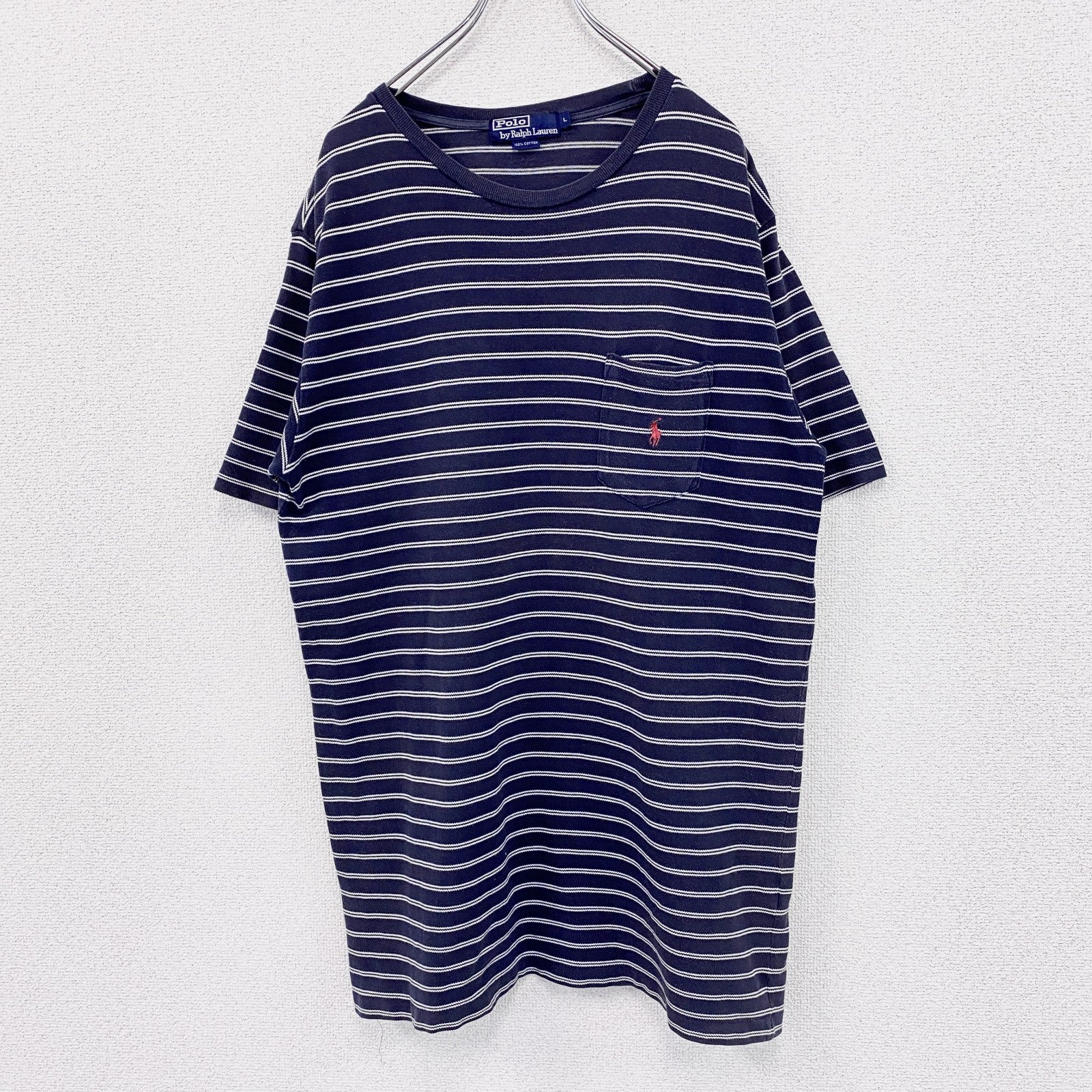 90s　Polo by Ralph Lauren　ラルフローレン　半袖ボーダー柄Tシャツ　刺繡ロゴ　ヴィンテージ　ネイビー　紺　Lサイズ