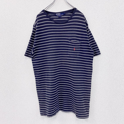 90s　Polo by Ralph Lauren　ラルフローレン　半袖ボーダー柄Tシャツ　刺繡ロゴ　ヴィンテージ　ネイビー　紺　Lサイズ