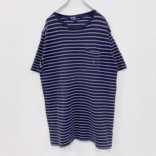 90s　Polo by Ralph Lauren　ラルフローレン　半袖ボーダー柄Tシャツ　刺繡ロゴ　ヴィンテージ　ネイビー　紺　Lサイズ