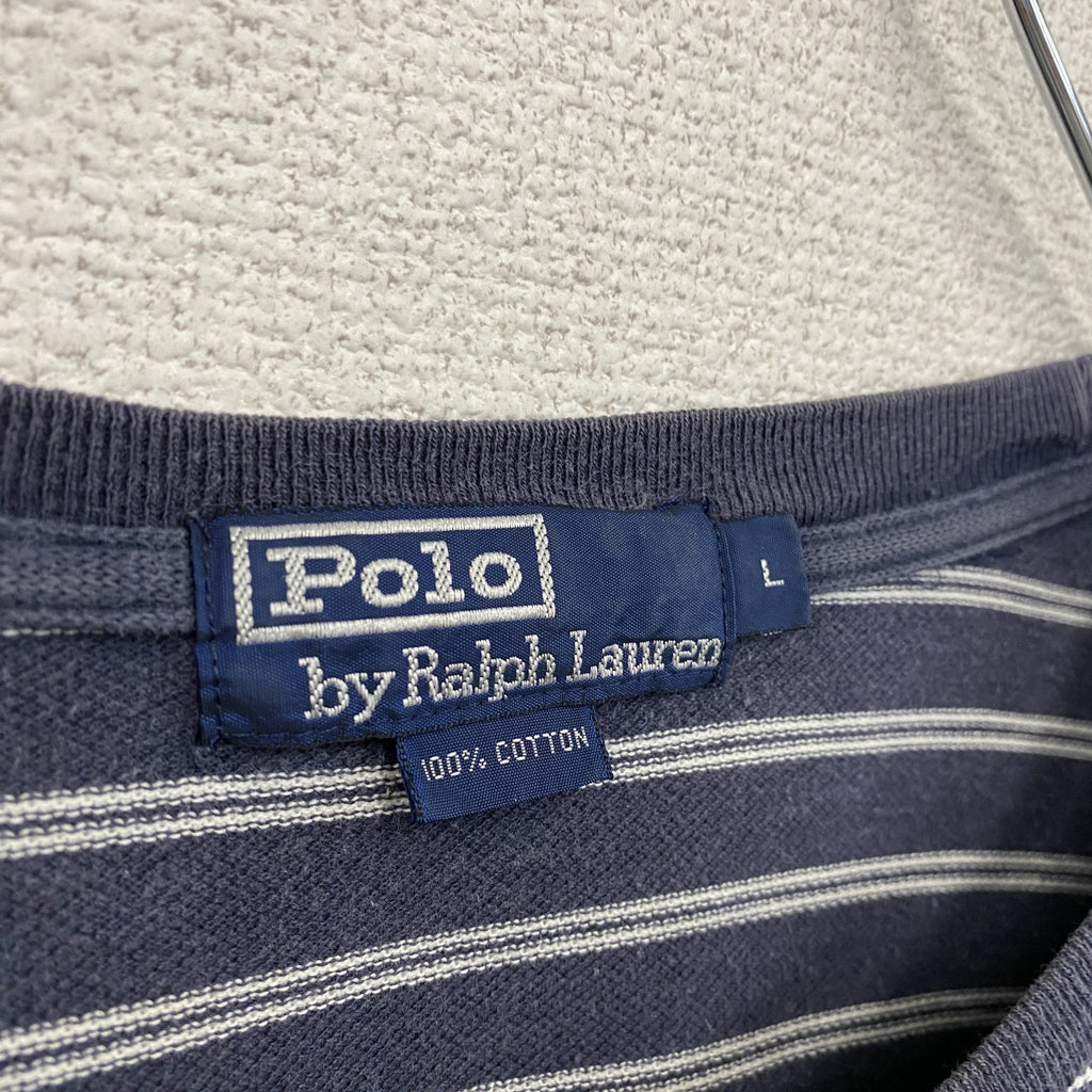 90s　Polo by Ralph Lauren　ラルフローレン　半袖ボーダー柄Tシャツ　刺繡ロゴ　ヴィンテージ　ネイビー　紺　Lサイズ