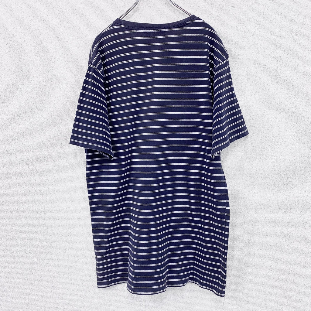 90s　Polo by Ralph Lauren　ラルフローレン　半袖ボーダー柄Tシャツ　刺繡ロゴ　ヴィンテージ　ネイビー　紺　Lサイズ