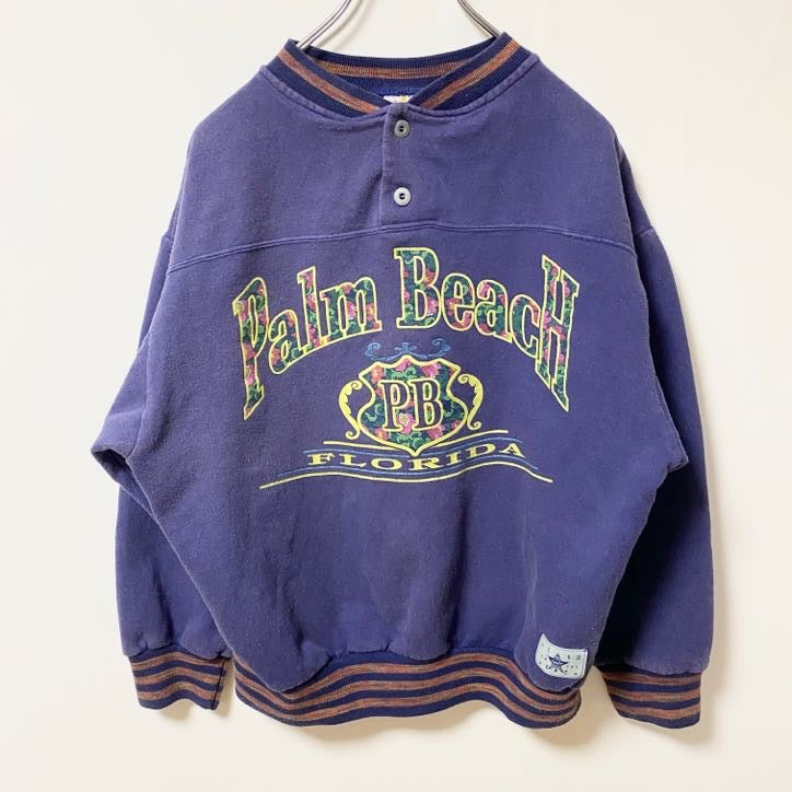 古着 used　STAR ON THE BEACH　長袖アメカジプリントスウェット　トレーナー　パームビーチ　ネイビー　Mサイズ