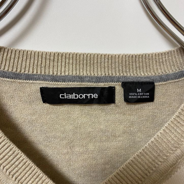 古着 used　claiborne　長袖アーガイル柄ニット　セーター　Vネック　レトロデザイン　ベージュ　オレンジ　Mサイズ