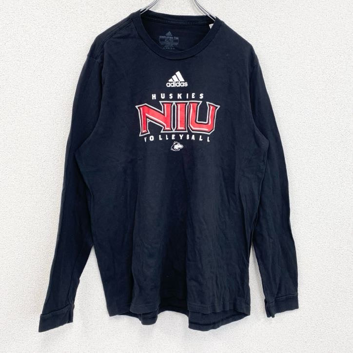 古着 used　adidas　アディダス　長袖カレッジプリントTシャツ　ロンT　クルーネック　黒　ブラック　XLサイズ