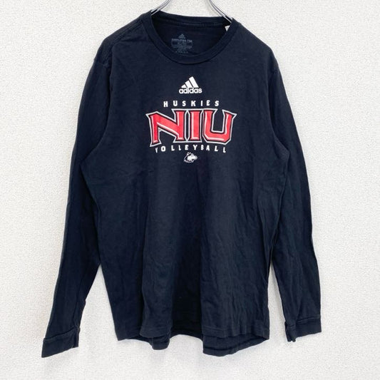 古着 used　adidas　アディダス　長袖カレッジプリントTシャツ　ロンT　クルーネック　黒　ブラック　XLサイズ