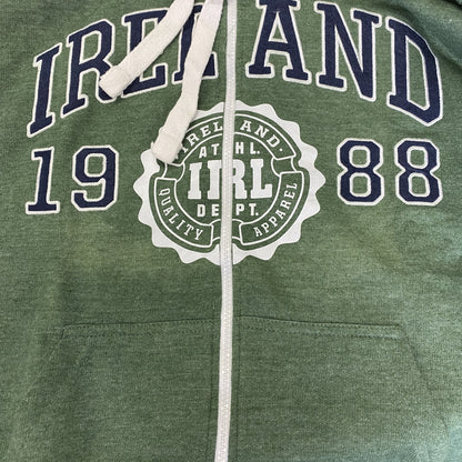 古着 used　IRELAND　1988　長袖フルジップパーカー　スウェット　ワッペン　刺繍　緑　グリーン　Sサイズ