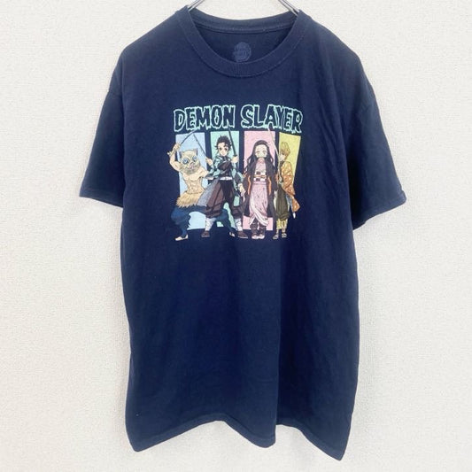 古着 used　鬼滅の刃　DEMON SLAYER　半袖プリントTシャツ　クルーネック　アニメ　紺　ネイビー　Lサイズ