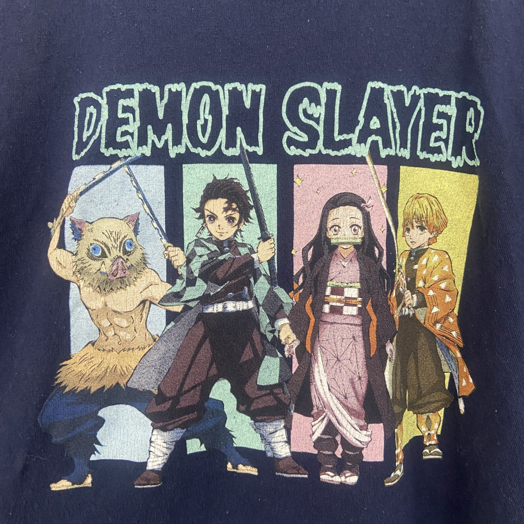 古着 used　鬼滅の刃　DEMON SLAYER　半袖プリントTシャツ　クルーネック　アニメ　紺　ネイビー　Lサイズ