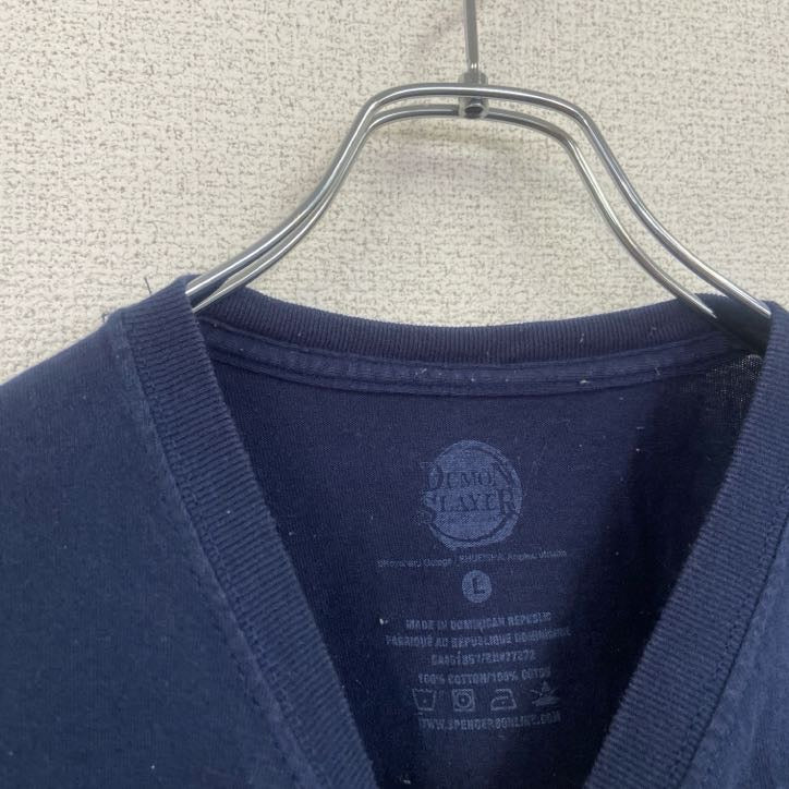 古着 used　鬼滅の刃　DEMON SLAYER　半袖プリントTシャツ　クルーネック　アニメ　紺　ネイビー　Lサイズ