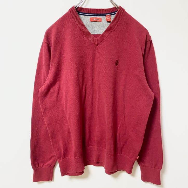 古着 used　IZOD アイゾッド　長袖Vネックニット　セーター　ワンポイントロゴ刺繍　無地　赤　レトロデザイン　Lサイズ