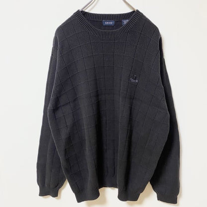 IZOD アイゾッド　コットンニットセーター　ワンポイントロゴ刺繍　黒　ブラック　レトロ　Lサイズ