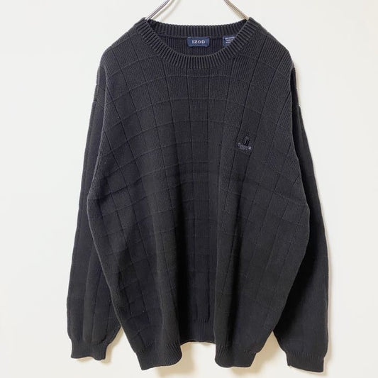 IZOD アイゾッド　コットンニットセーター　ワンポイントロゴ刺繍　黒　ブラック　レトロ　Lサイズ