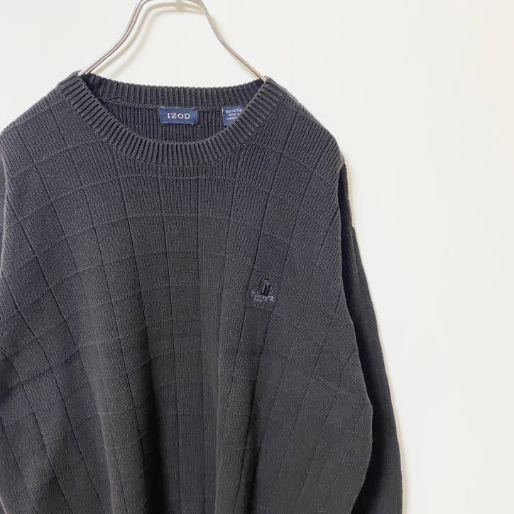 IZOD アイゾッド　コットンニットセーター　ワンポイントロゴ刺繍　黒　ブラック　レトロ　Lサイズ