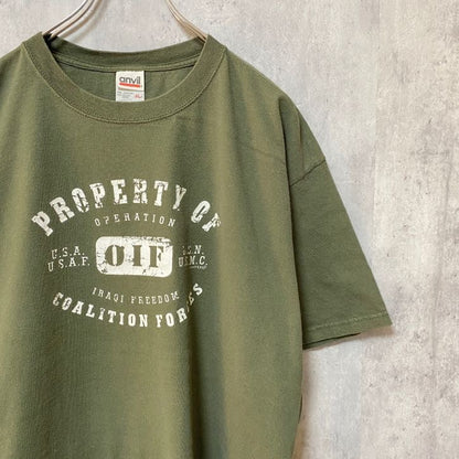 90s～　anvil　アンヴィル　半袖プリントTシャツ　アーチプリント　カプセルプリント　クルーネック　カーキ　XLサイズ