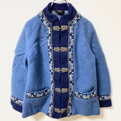 古着 used　FJORD FASHION　長袖チロリアンカーディガン　金具フック　刺繍　ヴィンテージ　ブルー　秋冬服