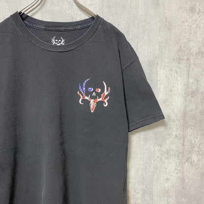 古着 used　USA国旗　アメリカ　半袖プリントTシャツ　バックプリント　ワンポイント　黒　ブラック　デザイン　クルーネック
