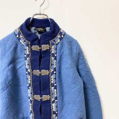 古着 used　FJORD FASHION　長袖チロリアンカーディガン　金具フック　刺繍　ヴィンテージ　ブルー　秋冬服