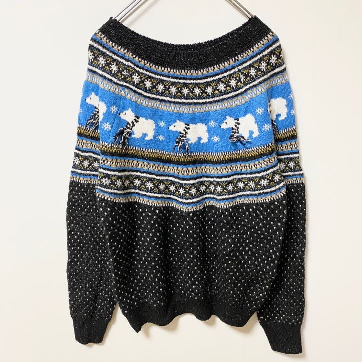 古着 used　HOLIDAY TIME　長袖デザインニット　セーター　ノルディック柄　シロクマ　雪　ラメ　秋冬服　Mサイズ