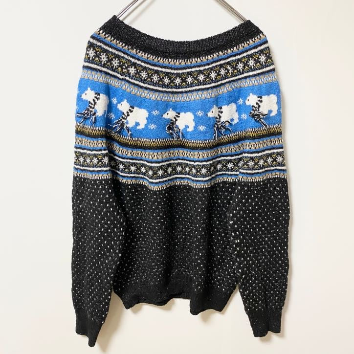 古着 used　HOLIDAY TIME　長袖デザインニット　セーター　ノルディック柄　シロクマ　雪　ラメ　秋冬服　Mサイズ