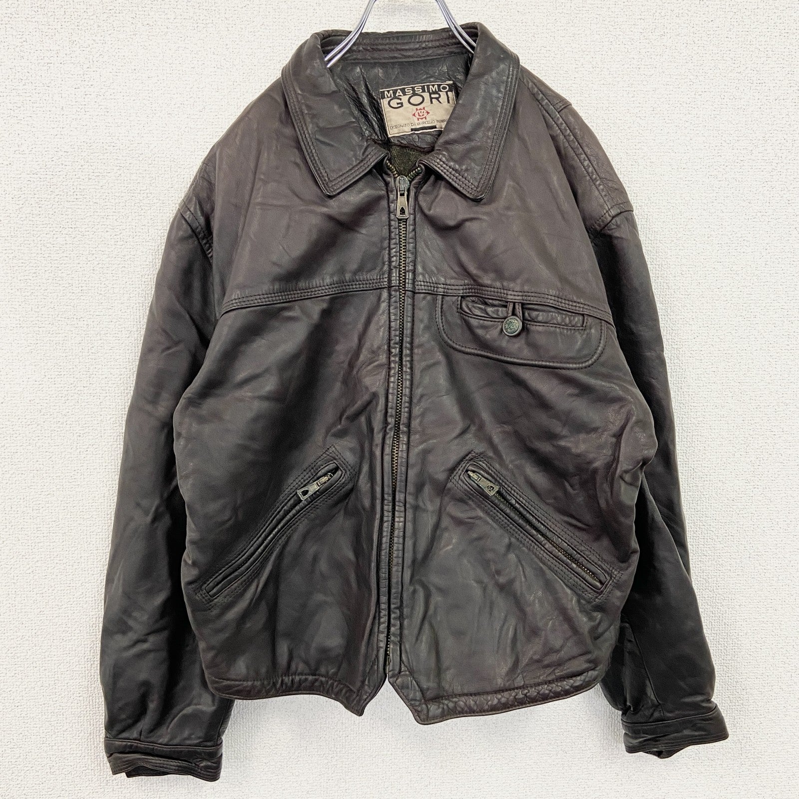 MASSIMO GORI 　レザージャケット　シングルライダースジャケット　襟付き　焦げ茶　ダークブラウン　48