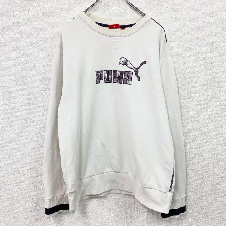 PUMA　プーマ　スウェット/トレーナー　リブライン　デカロゴ　チェック　刺繍ロゴ　白　ホワイト　Lサイズ