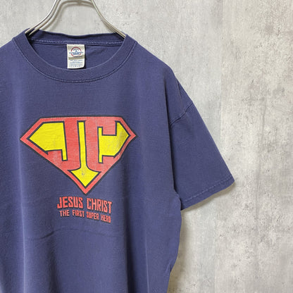 古着 used　スーパーマンパロディ　JESUS CHRIST　半袖プリントTシャツ　ネイビー　レトロデザイン　クルーネック