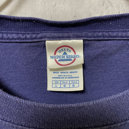 古着 used　スーパーマンパロディ　JESUS CHRIST　半袖プリントTシャツ　ネイビー　レトロデザイン　クルーネック